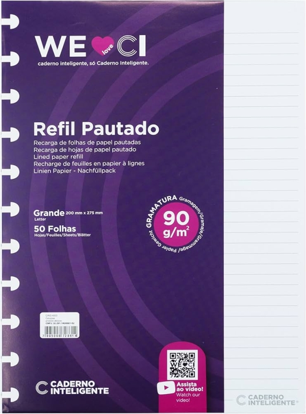 CADERNO INTELIGENTE REFIL GRANDE PAUTADO 90G. 50FLS. PACOTE CIRG4003 - CADERNO INTELIGENTE