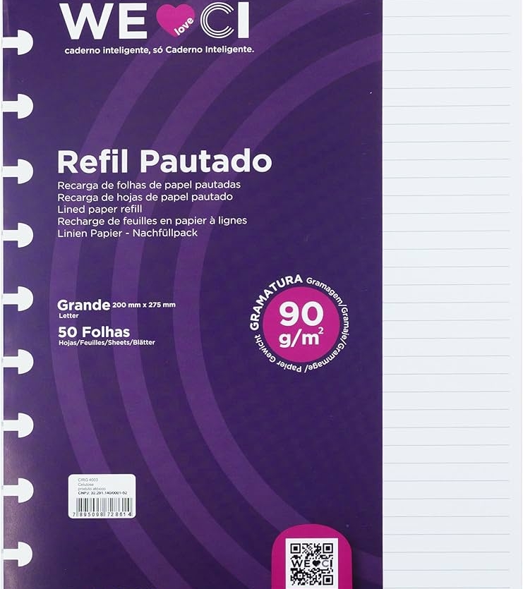 CADERNO INTELIGENTE REFIL GRANDE PAUTADO 90G. 50FLS. PACOTE CIRG4003 - CADERNO INTELIGENTE