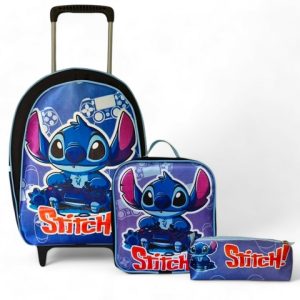 KIT MOCHILA DE RODINHA + LANCHEIRA+ ESTOJO BÁSICA STITCH - 2 BOLSOS