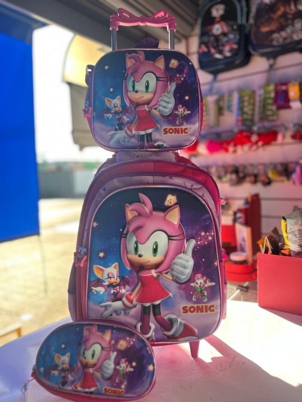 KIT MOCHILA DE RODINHA + LANCHEIRA + ESTOJO - SONIC ROSA