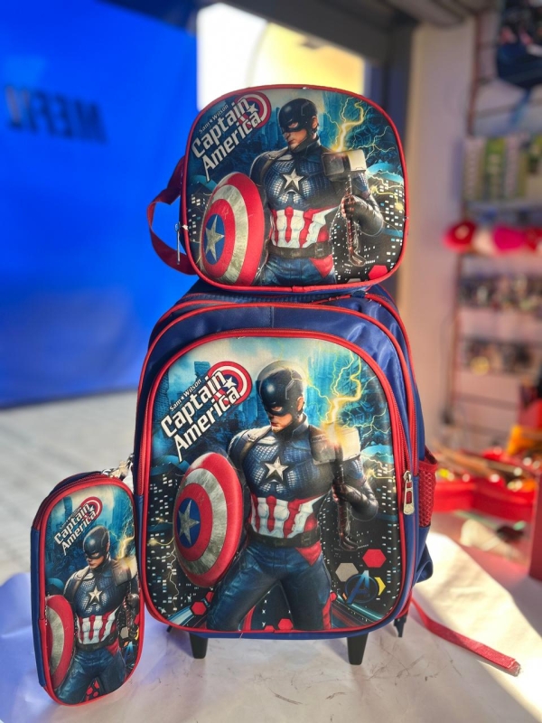 KIT MOCHILA DE RODINHA + LANCHEIRA + ESTOJO - CAPITAIN AMERICA