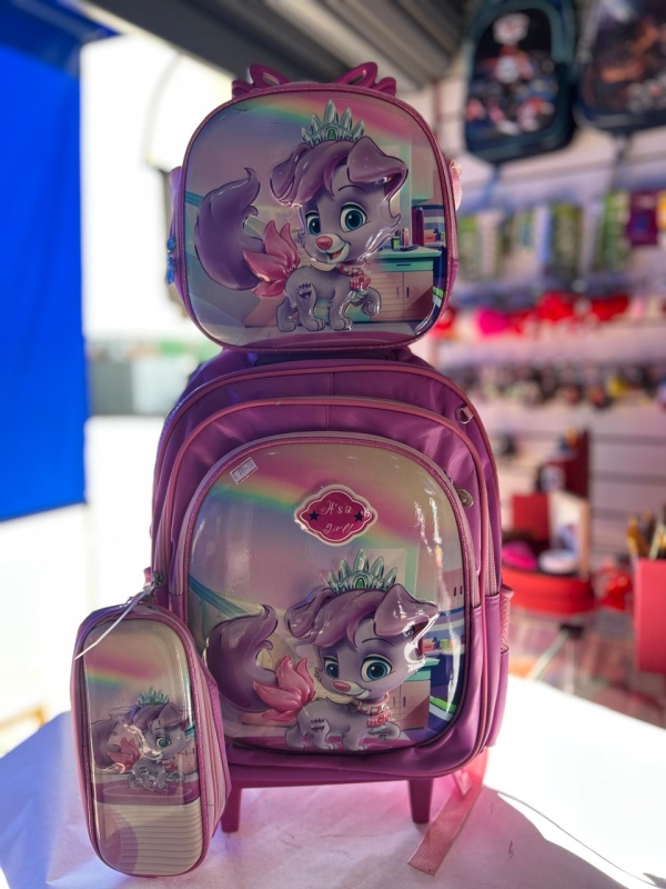 KIT MOCHILA DE RODINHA + LANCHEIRA + ESTOJO - GATINHA HSA GRIL