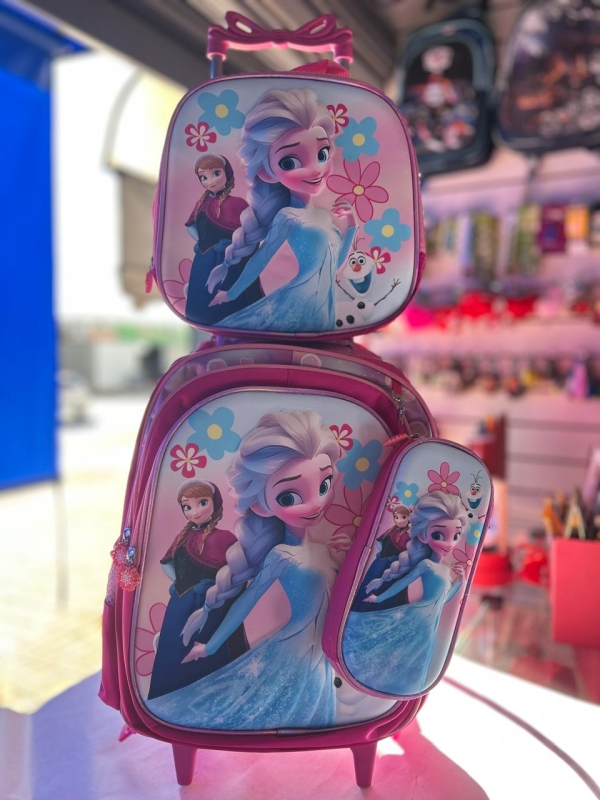 KIT MOCHILA DE RODINHA + LANCHEIRA + ESTOJO - FROZEN ROSA CLARO