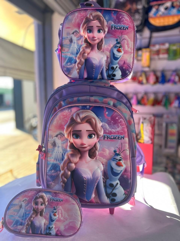 KIT MOCHILA DE RODINHA + LANCHEIRA + ESTOJO - FROZEN E ANA  LILÁS